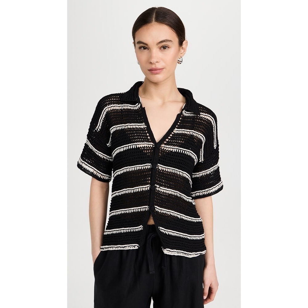 Faithfull the Brand Hand Crocheted Top Sz S Button Up Swim Cover Black Knit